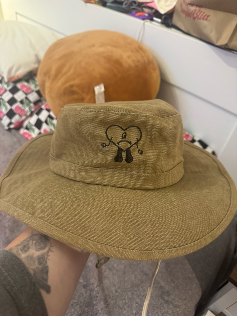 Tan Canvas Bad Bunny Bucket Hat with Heart Embroidery